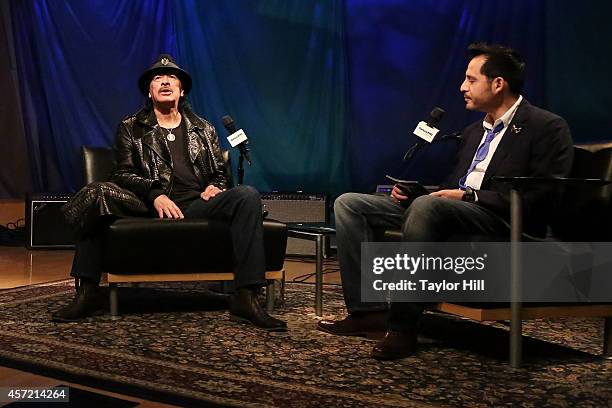 Legendary Musician Carlos Santana is interviewed by SiriusXM host Israel Salazar for "SiriusXM ICONOS with Carlos Santana" on October 14, 2014 in...