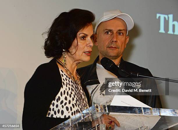 Bianca Jagger and Marc Quinn attend the Bianca Jagger Human Rights Foundation "Arts for Human Rights" benefit gala auction at Phillips Gallery on...