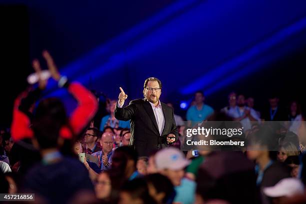 Marc Benioff, chairman and chief executive officer of Salesforce.com Inc., delivers a keynote address during the DreamForce Conference in San...