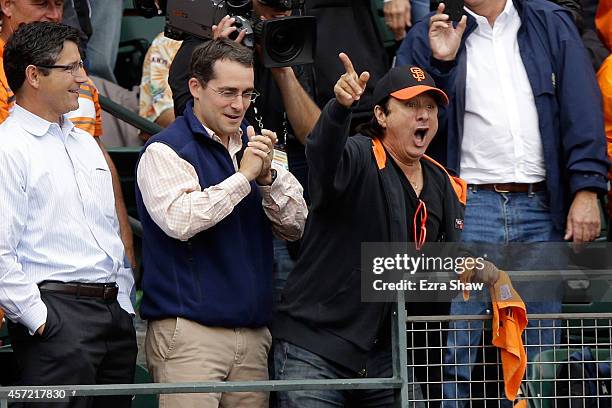 Singer Steve Perry performs during Game Three of the National League Championship Series at AT&T Park on October 14, 2014 in San Francisco,...