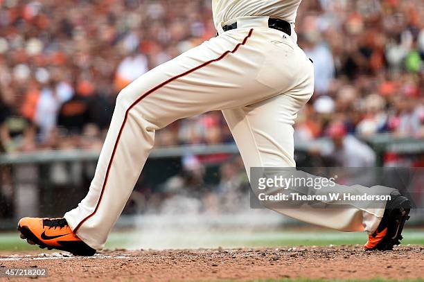 Michael Morse of the San Francisco Giants grounds out in the ninth inning against the St. Louis Cardinals during Game Three of the National League...