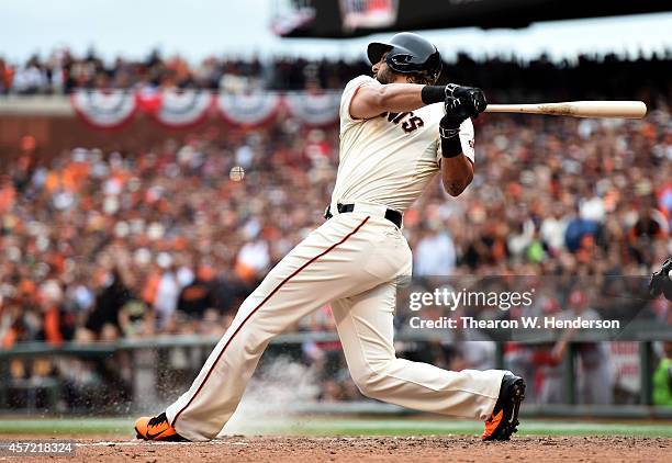 Michael Morse of the San Francisco Giants grounds out in the ninth inning against the St. Louis Cardinals during Game Three of the National League...