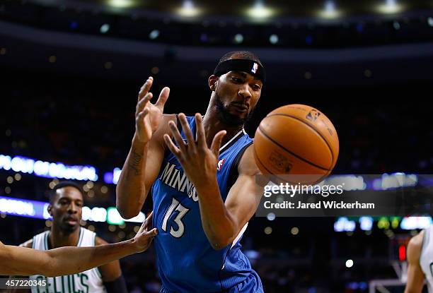 Corey Brewer of the Minnesota Timberwolves attempts to grab a loose ball in the second half against the Boston Celtics during the game at TD Garden...