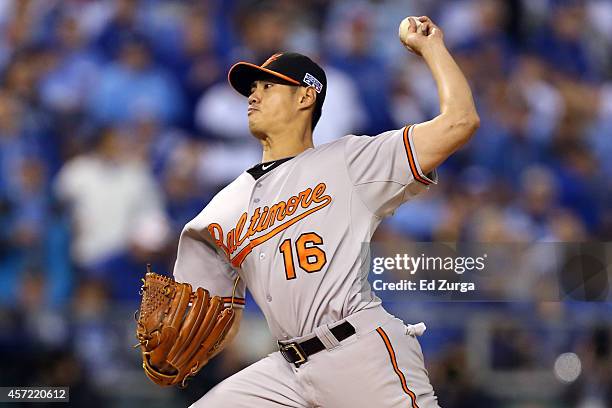Wei-Yin Chen of the Baltimore Orioles throws a pitch in the first inning against the Kansas City Royals during Game Three of the American League...