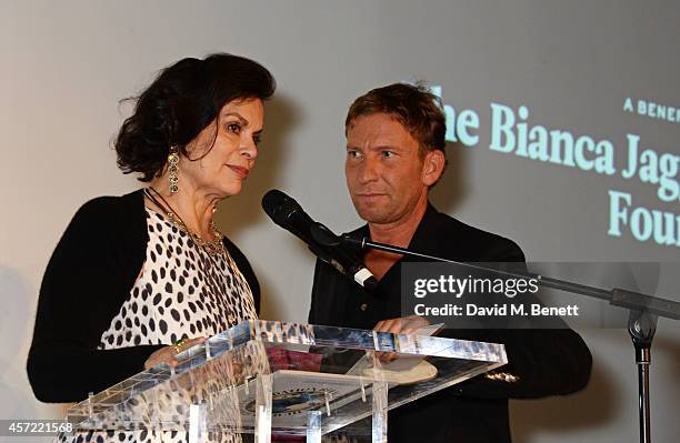 Bianca Jagger speaks at the Bianca Jagger Human Rights Foundation "Arts for Human Rights" benefit gala auction at Phillips Gallery on October 14,...