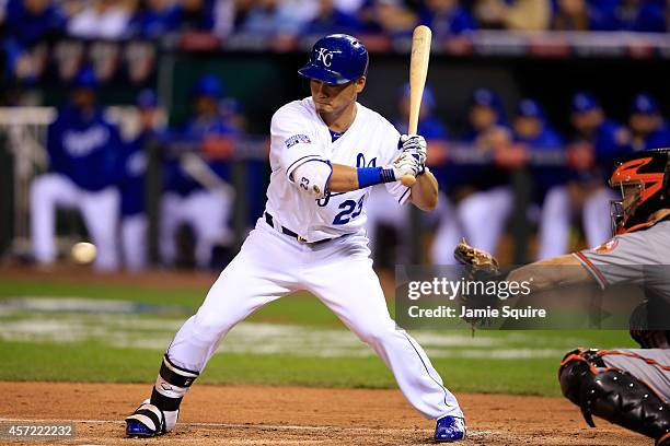 Norichika Aoki of the Kansas City Royals bats in the first inning against Wei-Yin Chen of the Baltimore Orioles during Game Three of the American...