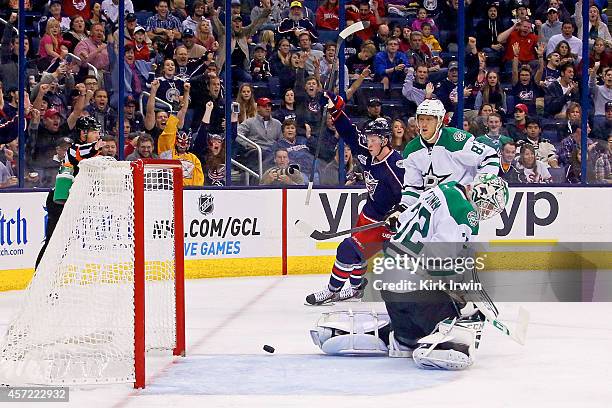 Ryan Johansen of the Columbus Blue Jackets celebrates after beating Kari Lehtonen of the Dallas Stars for a goal during the second period on October...