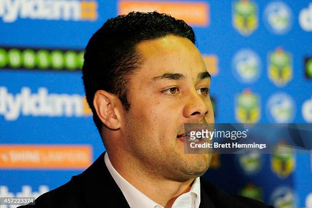 Jarryd Hayne speaks to media during a press conference to announce he is quitting the NRL to pursue NFL in America on October 15, 2014 in Parramatta,...