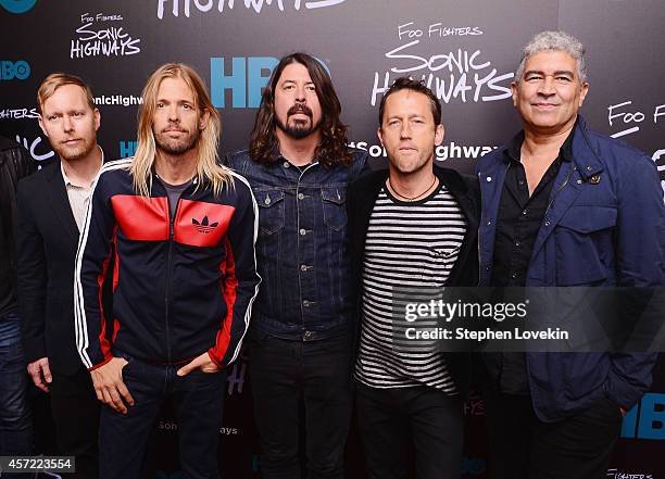 Musicians Nate Mendel, Taylor Hawkins, Dave Grohl, Chris Shiflett, and Pat Smear of The Foo Fighters attends The "Foo Fighters: Sonic Highways" New...