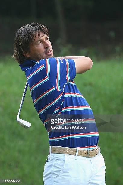 Robert Jan Derksen of The Netherlands in action during the Pro-Am round of the 2014 Hong Kong open at The Hong Kong Golf Club on October 15, 2014 in...