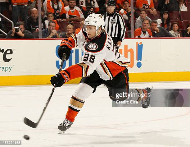 William Karlsson of the Anaheim Ducks takes his game winning shot against the Philadelphia Flyers on October 14, 2014 at the Wells Fargo Center in...