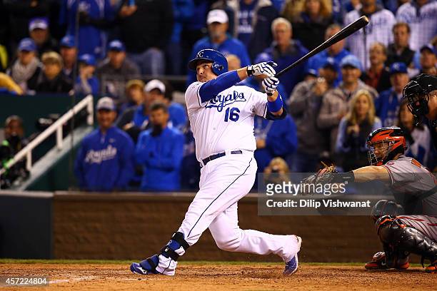 Billy Butler of the Kansas City Royals hits a sacrifice fly to left field to score Jarrod Dyson in the sixth inning against Kevin Gausman of the...