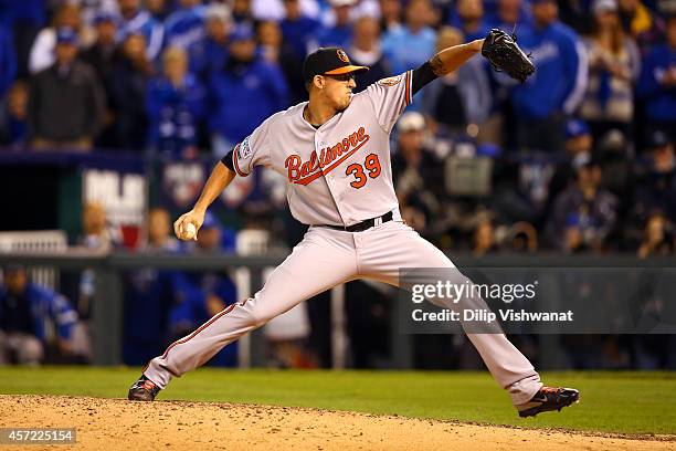 Kevin Gausman of the Baltimore Orioles throws a pitch in the sixth inning against the Kansas City Royals during Game Three of the American League...