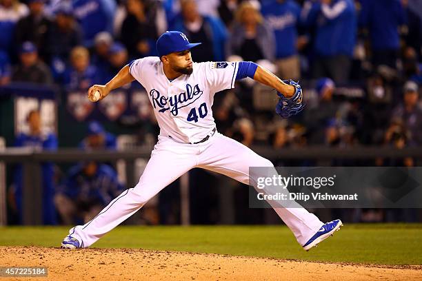 Kelvin Herrera of the Kansas City Royals throws a pitch in the seventh inning against the Baltimore Orioles during Game Three of the American League...