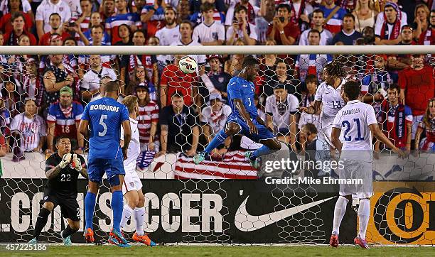 Maynor Figeroa of Honduras scores a goal during a game against the USA at FAU Stadium on October 14, 2014 in Boca Raton, Florida.