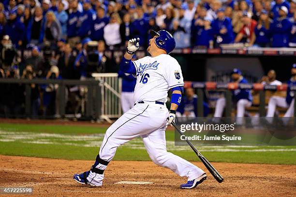 Billy Butler of the Kansas City Royals hits a sacrifice fly to left field to score Jarrod Dyson in the sixth inning against Kevin Gausman of the...