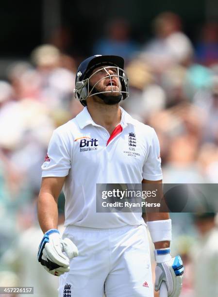 Matt Prior of England looks dejected after being dismissed by Mitchell Johnson of Australia during day five of the Third Ashes Test Match between...