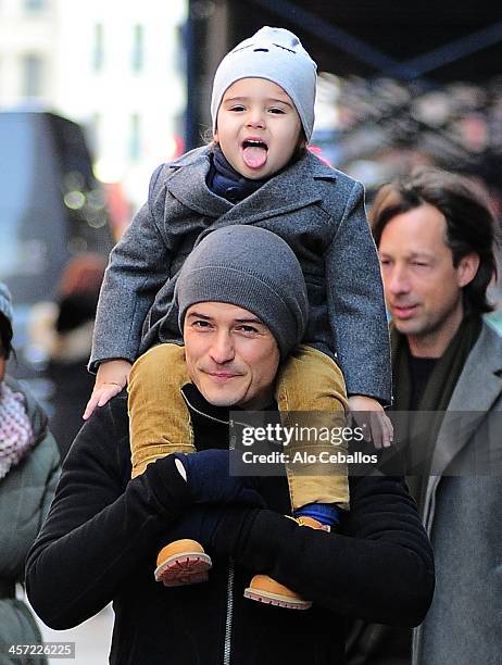 Orlando Bloom and Flynn Christopher Bloom are seen in Tribeca on December 16, 2013 in New York City.
