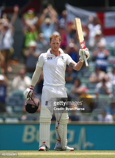 Ben Stokes of England celebrates after reaching his first test century during day five of the Third Ashes Test Match between Australia and England at...