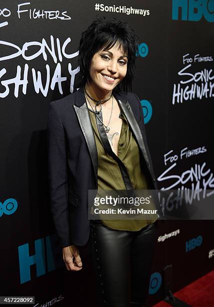 Joan Jett attends the premiere of Foo Fighters "Sonic Highways" at the Ed Sullivan Theater on October 14, 2014 in New York City.