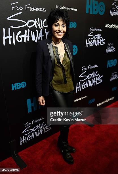 Joan Jett attends the premiere of Foo Fighters "Sonic Highways" at the Ed Sullivan Theater on October 14, 2014 in New York City.