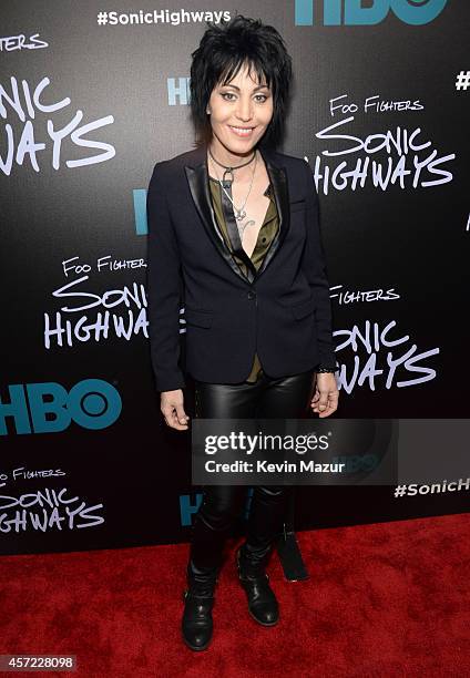 Joan Jett attends the premiere of Foo Fighters "Sonic Highways" at the Ed Sullivan Theater on October 14, 2014 in New York City.