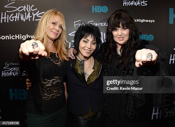Joan Jett Nancy Wilson and Ann Wilson of Heart attend the premiere of Foo Fighters "Sonic Highways" at the Ed Sullivan Theater on October 14, 2014 in...