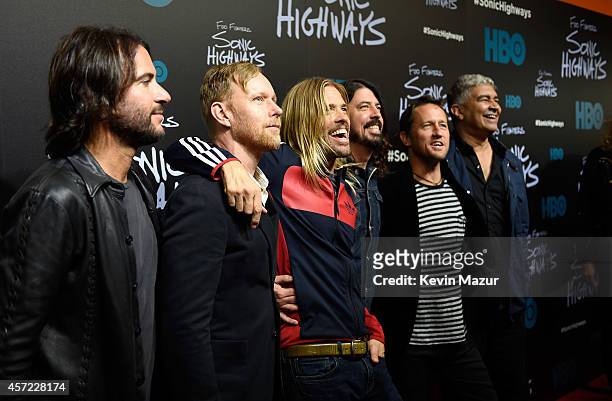 Rami Jaffe, Nate Mendel, Taylor Hawkins, Dave Grohl, Chris Shiflett and Pat Smear of Foo Fighters attend the premiere of Foo Fighters "Sonic...