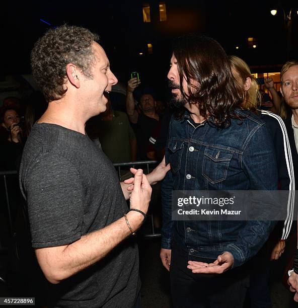 Producer Rob Burnett and Dave Grohl attend the premiere of Foo Fighters "Sonic Highways" at the Ed Sullivan Theater on October 14, 2014 in New York...