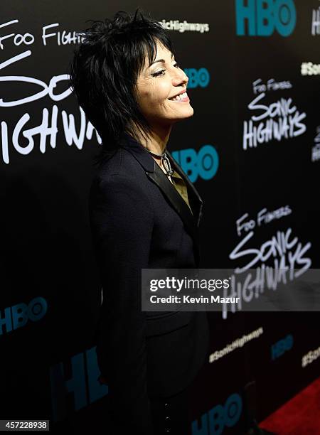 Joan Jett attends the premiere of Foo Fighters "Sonic Highways" at the Ed Sullivan Theater on October 14, 2014 in New York City.