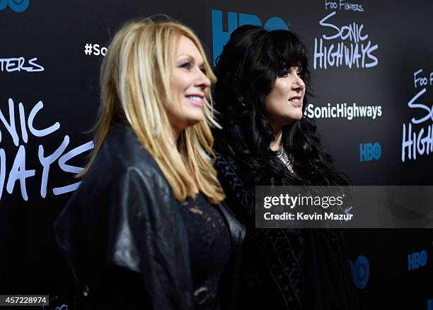 Nancy Wilson and Ann Wilson of Heart attend the premiere of Foo Fighters "Sonic Highways" at the Ed Sullivan Theater on October 14, 2014 in New York...