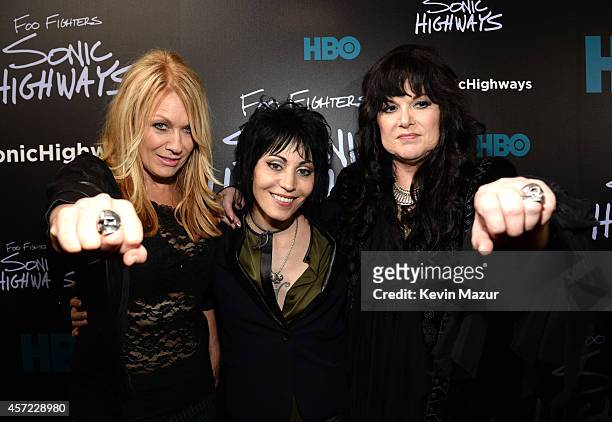 Joan Jett Nancy Wilson and Ann Wilson of Heart attend the premiere of Foo Fighters "Sonic Highways" at the Ed Sullivan Theater on October 14, 2014 in...