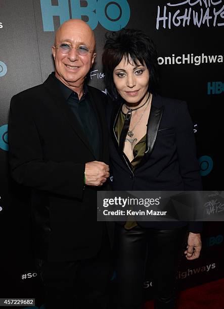 Paul Shaffer and Joan Jett attend the premiere of Foo Fighters "Sonic Highways" at the Ed Sullivan Theater on October 14, 2014 in New York City.