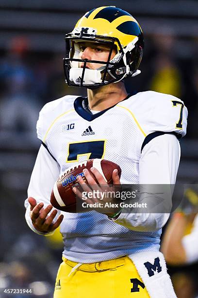 Shane Morris of the Michigan Wolverines warms up before a game against the Rutgers Scarlet Knights at High Point Solutions Stadium on October 4, 2014...