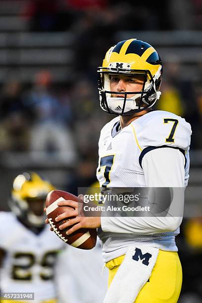 Shane Morris of the Michigan Wolverines warms up before a game against the Rutgers Scarlet Knights at High Point Solutions Stadium on October 4, 2014...