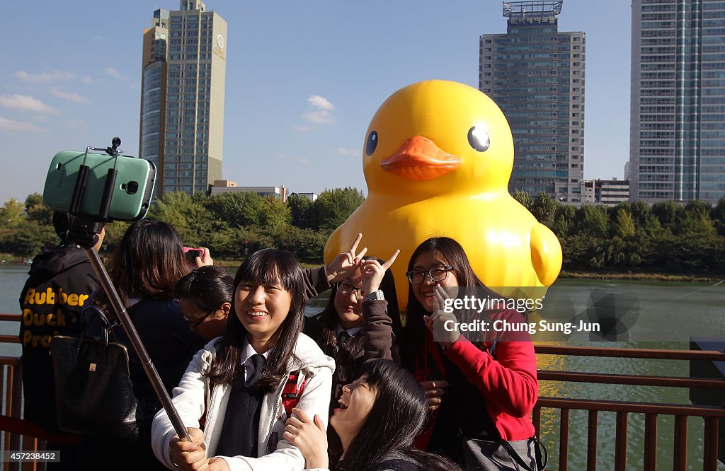 Giant Yellow Rubber Duck Exhibited In Seoul