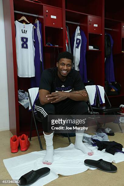 Rudy Gay of the Sacramento Kings in the locker room prior to the game against the Brooklyn Nets as part of the 2014 NBA Global Games at the...