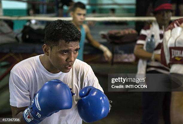 World Boxing Council new flyweight champion Roman Gonzalez trains at San Judas gym in Managua on October 14, 2014. Nicaraguan low-income youngsters...