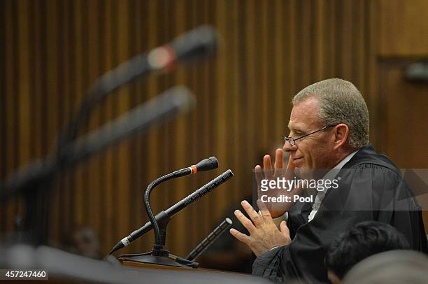 Prosecutor Gerrie Nel speaks in the Pretoria High Court on October 15 in Pretoria, South Africa. Judge Thokozile Masipa found Pistorius not guilty of...