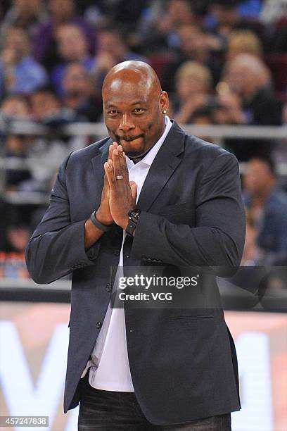 Legend Mitch Richmond is introduced prior to the game between the Brooklyn Nets and the Sacramento Kings as part of the 2014 NBA Global Games at the...