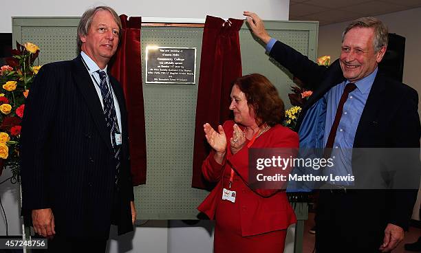 Giles Clarke, ECB Chairman, Bernadette Green, CHCC Principal and Sir Peter Soulsby, City Nayor of Leicester unveil a plaque during the Opening of a...