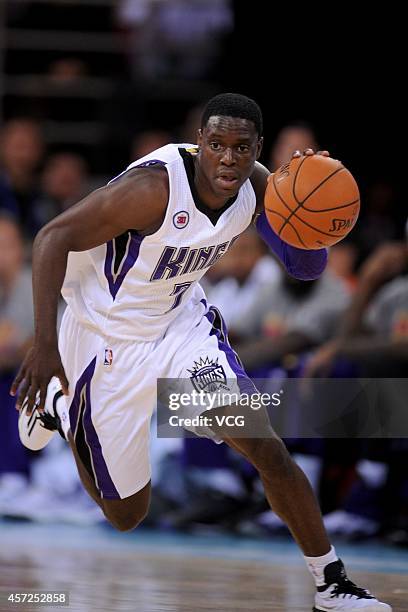 Darren Collison of the Sacramento Kings drives the ball during the game between the Brooklyn Nets and the Sacramento Kings as part of the 2014 NBA...