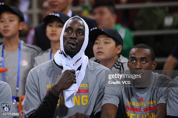 Kevin Garnett of the Brooklyn Nets sits on the bench during the game between the Brooklyn Nets and the Sacramento Kings as part of the 2014 NBA...