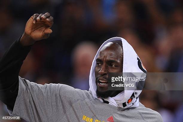 Kevin Garnett of the Brooklyn Nets looks on the the bench during the game between the Brooklyn Nets and the Sacramento Kings as part of the 2014 NBA...