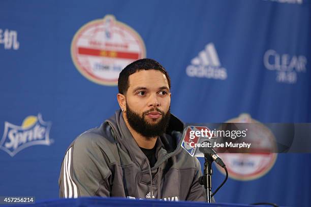 Deron Williams of the Brooklyn Nets speaks to the media after the game against the Sacramento Kings as part of the 2014 NBA Global Games at the...