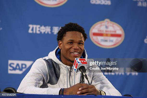 Ben McLemore of the Sacramento Kings speaks to the media after the game against the Brooklyn Nets as part of the 2014 NBA Global Games at the...