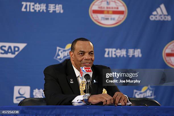 Head Coach Lionel Hollins of the Brooklyn Nets speaks to the media after the game against the Sacramento Kings as part of the 2014 NBA Global Games...