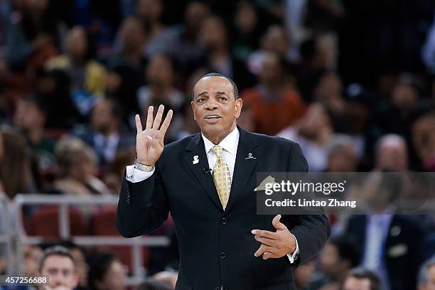 Head coach Lionel Hollins of the Brooklyn Nets reacts during the 2014 NBA Global Games match between the Brooklyn Nets and Sacramento Kings at...