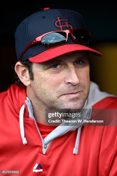 Manager Mike Matheny of the St. Louis Cardinals looks on before taking on the San Francisco Giants in Game Three of the National League Championship...