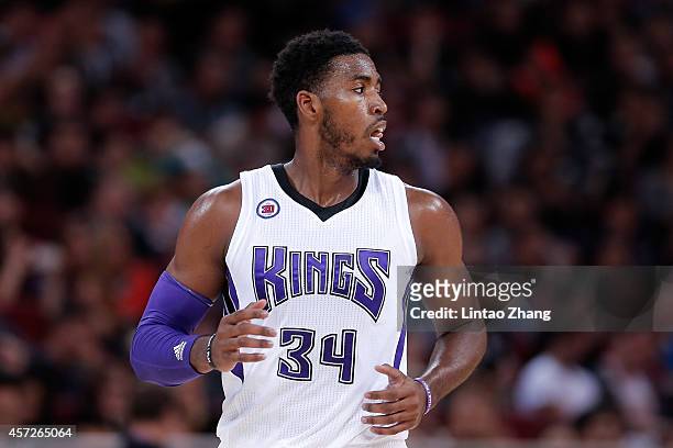 Jason Thompson of Sacramento Kings in action during the 2014 NBA Global Games match between the Brooklyn Nets and Sacramento Kings at MasterCard...